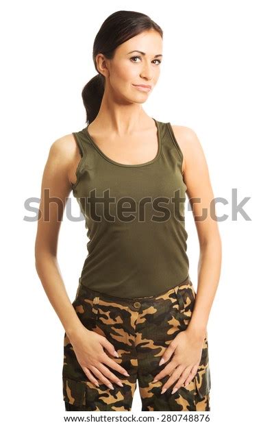 Smiling Brunette Woman Wearing Military Clothes Stock Photo 280748876 Shutterstock