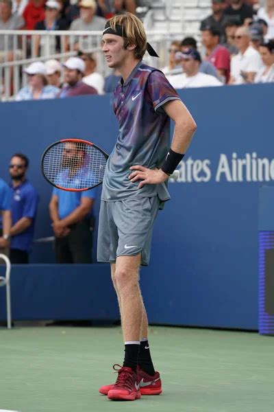 Professional Tennis Player Andrey Rublev Of Russia In Action During His