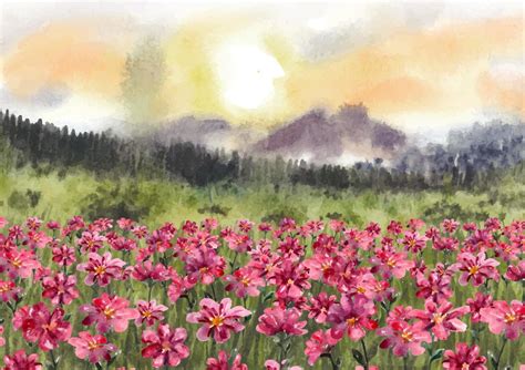 Sunrise Nature Landscape With Beautiful Red Flowers In Watercolor