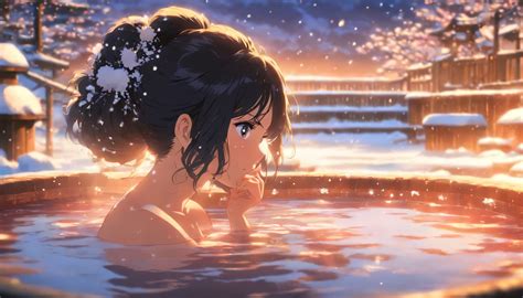 Anime Girl In A Hot Tub In The Snow SeaArt AI