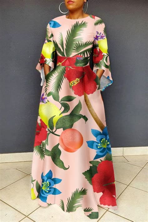 Nude Pink Casual Print Printing O Neck Printed Dress Dresses Dress Sleeve Length Dress Sleeve