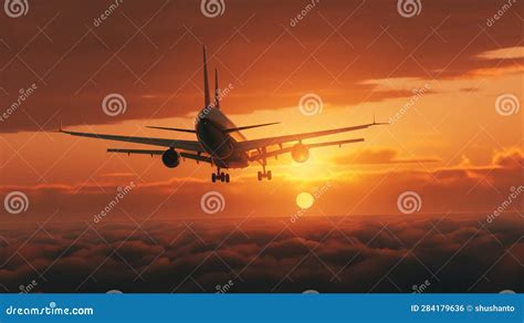 A Plane Flying Toward the Sunset Stock Illustration - Illustration of ...