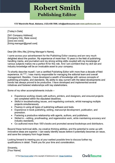 Publishing Editor Cover Letter Examples Qwikresume