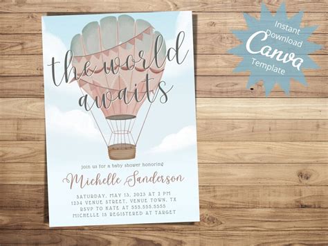Editable Hot Air Balloon Baby Shower Invitation Gender Etsy