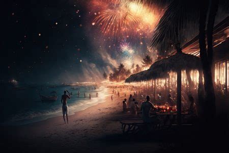 Celebração da festa de Ano Novo à noite na praia fogos de artifício