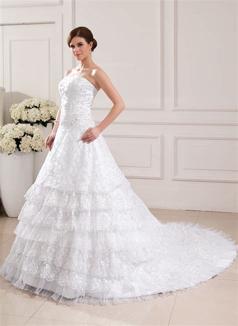 Ball Gown Strapless Chapel Train Organza Lace Wedding Dress With