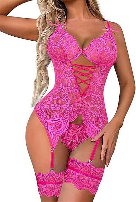 Skyauks Lace Bodysuit For Women Sexy Lingerie Set With Garter Belt Teddy With Panty Rosered