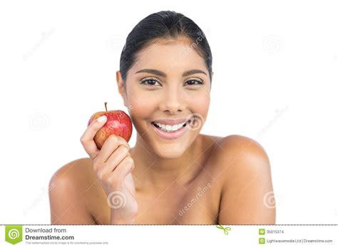 Cheerful Nude Brunette Holding Red Apple Stock Photo Image Of Fresh Pretty 35015374