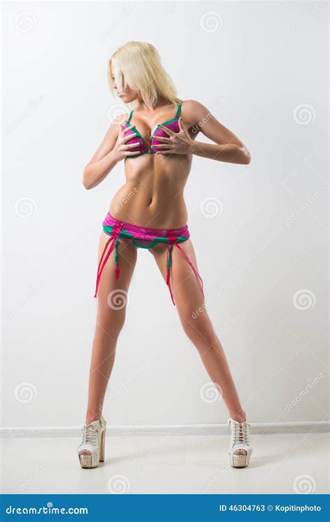 Blonde Woman In Pink Fashionable Lingerie Stock Image Image Of Pink