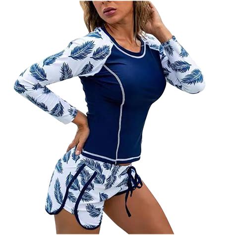 Wreesh Womens Rash Guard Swimsuits Fashion Long Sleeve Printing Patchwork Bikini Set Swimsuit