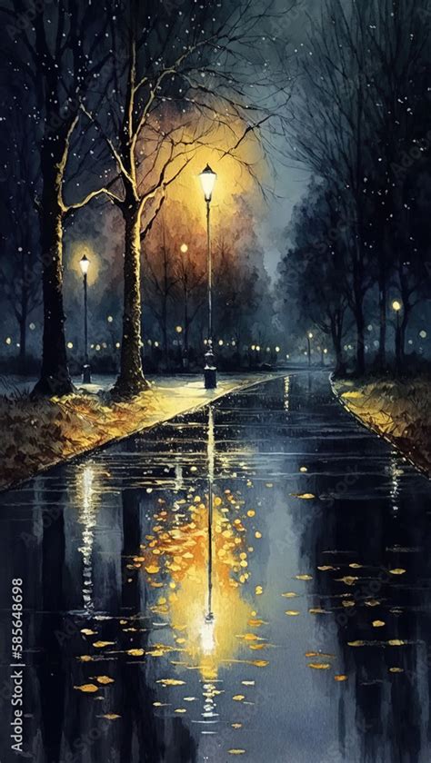 Watercolor Oil Painting Autumn Night Trail of Trees With Glowing Lamps ...