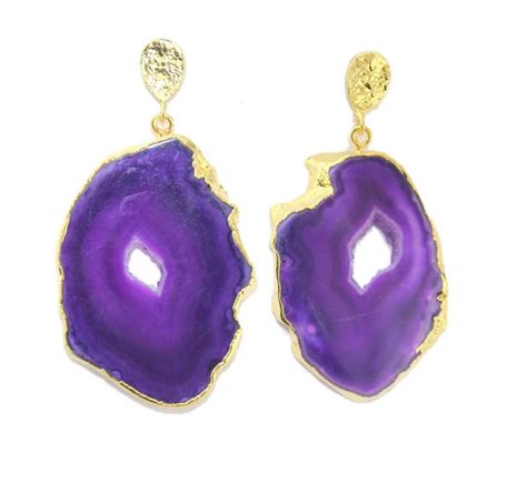 Natural Purple Geode Slice Agate Drop Dangle Gold Electroplating Edged