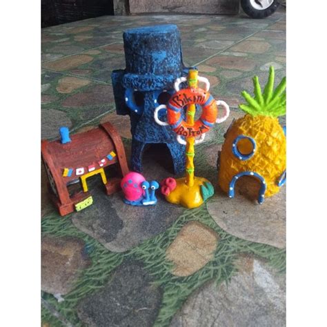Jual Hiasan Aquarium Paket Komplit Rumah Spongebob Bikini Buttom Resto Crusty Crab Garry