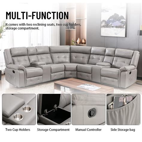 Nathaniel Home Pu Leather Reclining Sectional Sofa Set With 2 Consoles Fashion Living Room