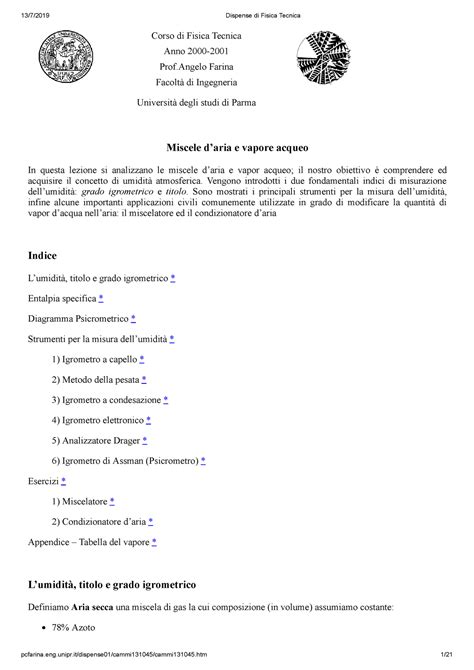 Dispense Di Fisica Tecnica Aria Umida Corso Di Fisica Tecnica Anno