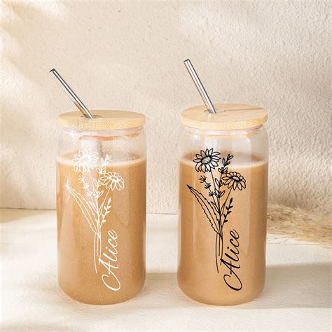 Personalized Birth Flower Iced Coffee Cup Custom Name Glass Tumbler With Lid And Straw