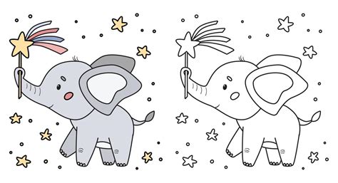 Coloring page for preschool children. Cute cartoon kawaii elephant with ...