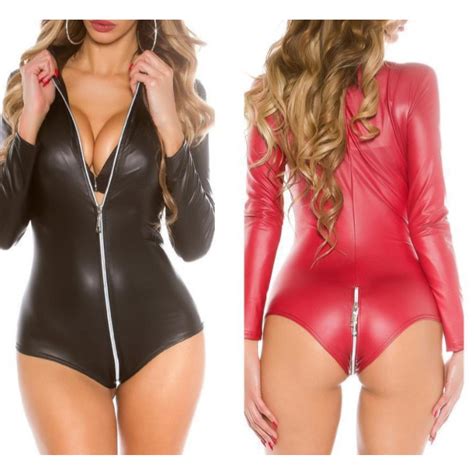 Women Plus Size Glossy Faux Leather Mesh Lingerie Sexy Transparent Bodysuit Open Crotch Zipper