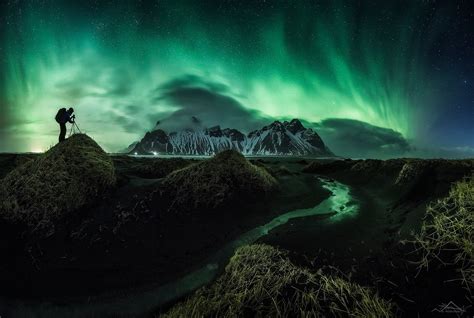 Northern Lights over Vestrahorn Mountain from Stokksnes, Iceland