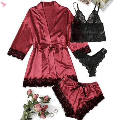 Pcs Set Sexy Woman Satin Sleepwear Pajamas With Robe Lace Lingerie Bathrobe Silk Home Clothed