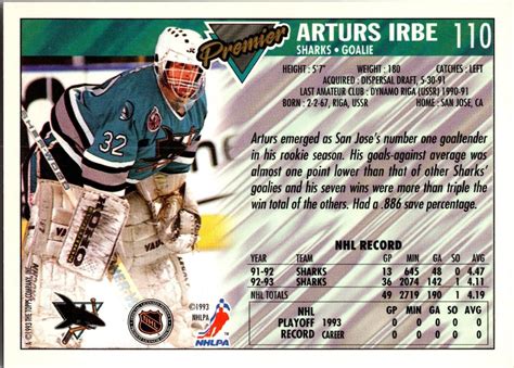 1993 94 Topps Premier Arturs Irbe 110 Ebay
