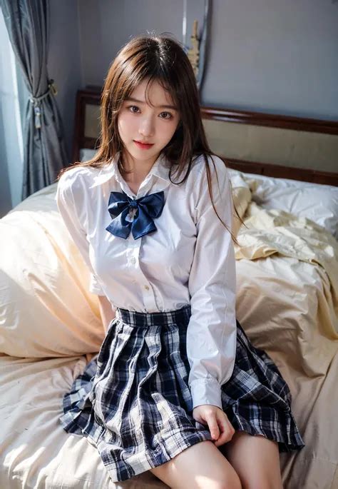 arafed asian woman   white shirt  plaid skirt sitting   bed