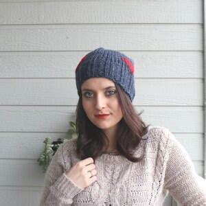 Red Heart Slouchy Beanie, Denim Blue Winter Hat, Pompom Hat, Warm Beret ...