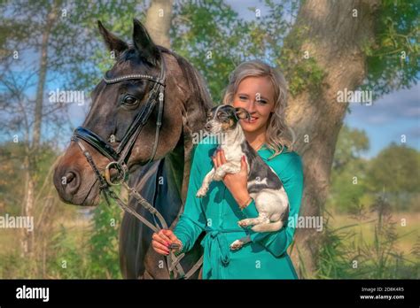 Beau portrait d une fille blonde souriante avec son cheval et son chien dans la forêt Porter