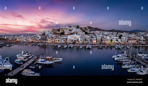 Panorama Of The City And Marina Of Naxos Island Cyclades Greece Stock