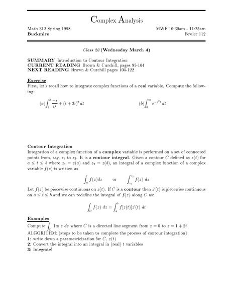 Complex Analysis Contour Integration Worksheet For Higher Ed Lesson