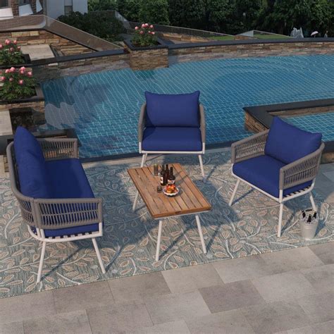 Zeus Ruta Grey Wicker 4 Piece Patio Conversation Set With Acacia Wood