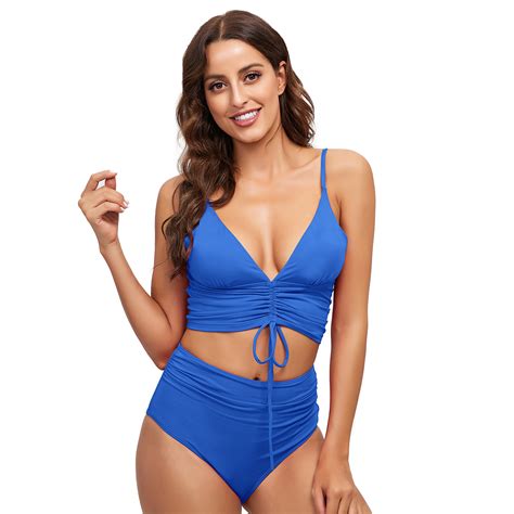 Woman High Waist Solid Swimwear Swimsuit Bikini Blue On Luulla