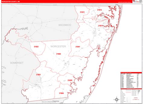 Worcester County Md Zip Code Wall Map Red Line Style By Marketmaps