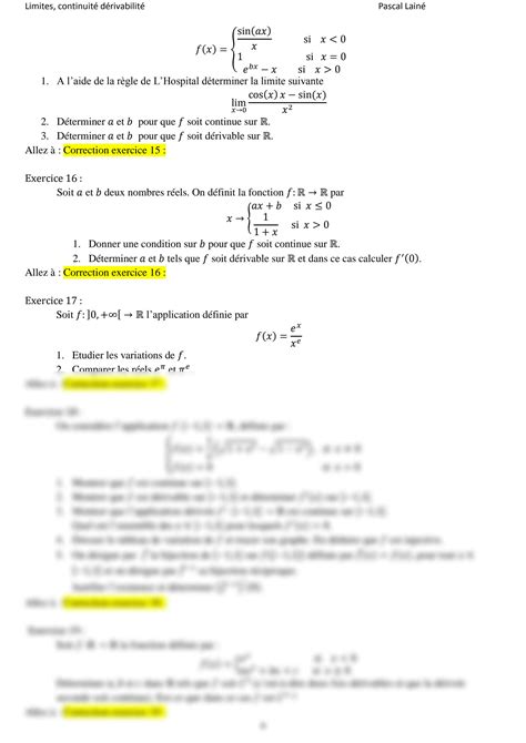 SOLUTION Exercices Corriges Limites Continuite Derivabilite Bac 1