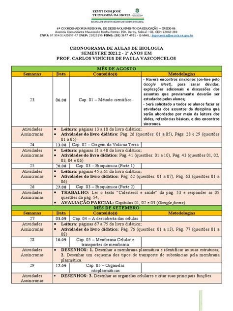 Cronograma Biologia - Cronograma de Aulas de Biologia | PDF | Célula (Biologia) | Membrana ...