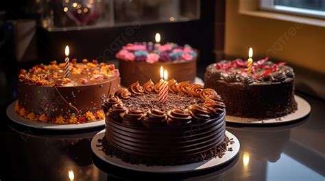 Three Chocolate Cakes Decorated With Candles Background Picture Of