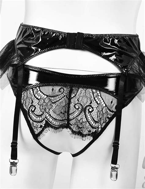 Amazon YOOJIA Women S Wet Look Lingerie Set Sexy Bra And Panty Set With Garter Belt G