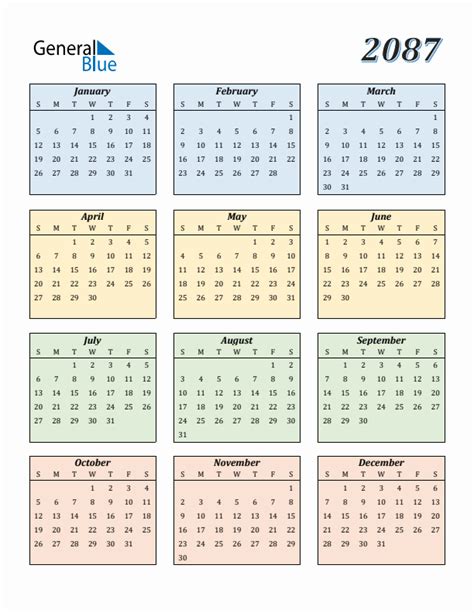 Free 2087 Calendars in PDF, Word, Excel