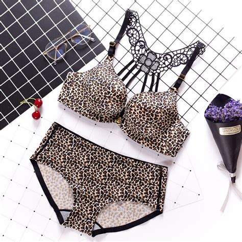Front Closure Sexy Bra Sets Leopard Gather Lingerie Push Up Bra Briefs