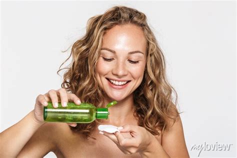 Image Of Cheerful Half Naked Woman Smiling And Using Facial Lotion Wall Stickers Lotion Pad