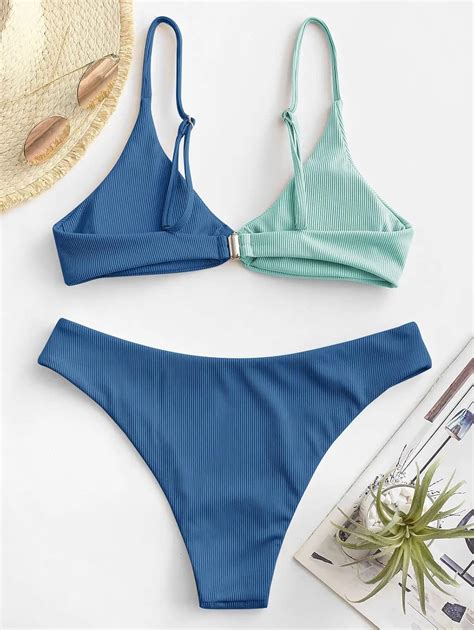 Buy ZAFUL Women S Ribbed O Ring String Bikini Swimsuit Cheeky Thong Swimwear Two Pieces Bathing