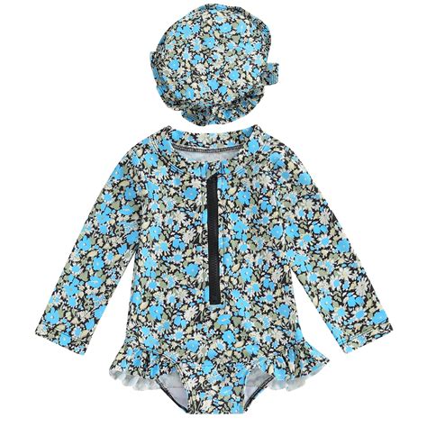 Infant Baby Girls Swimsuit Floral Fruit Print Long Sleeve Bikini With Hat Newborn Swimwear For