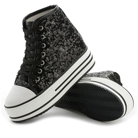 Black Glitter Bling Bling Lace Up High Top Platforms Hidden Wedges Sneakers Shoes