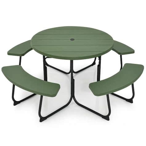 Costway 75 In Green Round Picnic Table Outdoor Bench Set Seats 8 People With 4 Benches And