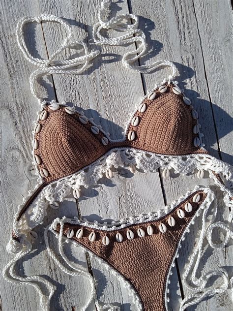 Crochet Bikini Set High Hip In Tan Bronze With Lace Edgings Etsy Artofit