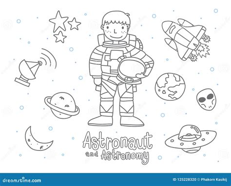 Cute Astronaut And Astronomy Doodle For Kids Coloring Vector Set Stock