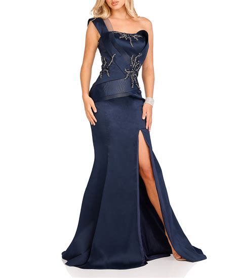 Terani Couture Beaded One Shoulder Sleeveless Front Slit Mermaid Gown