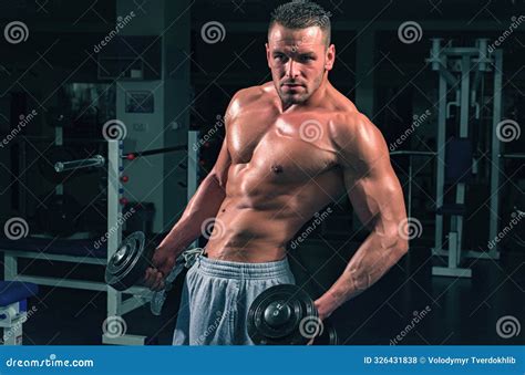 Bodybuilding Exercises Dumbbells Workouts Male Torso With Six Packs Sportsman With Naked Body