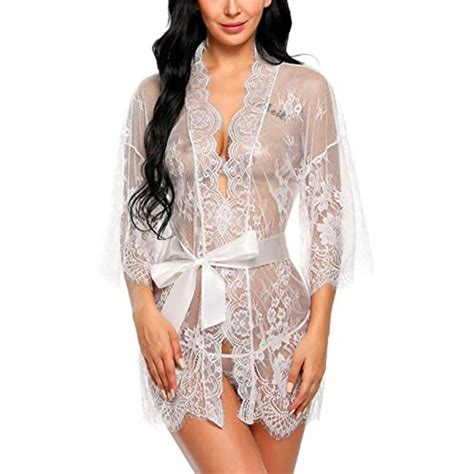 Wholesale Women Lace Kimono Robe Babydoll Lingerie Mesh Nightgown White S From China