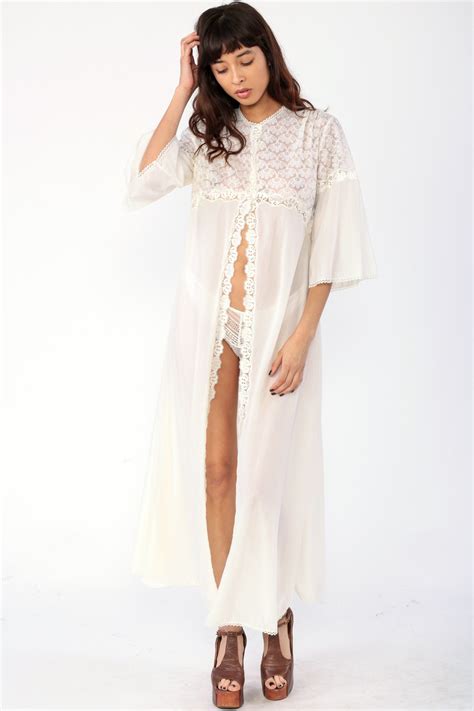Long White Robe Lingerie Jacket S LACE Kimono Robe Maxi Etsy